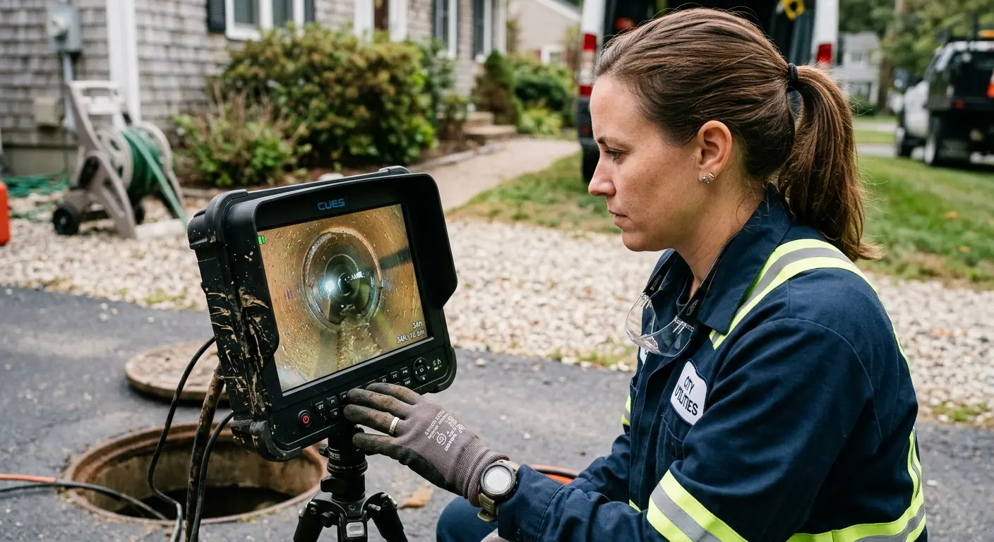Technician reviewing sewer camera inspection footage in Rancho Murieta