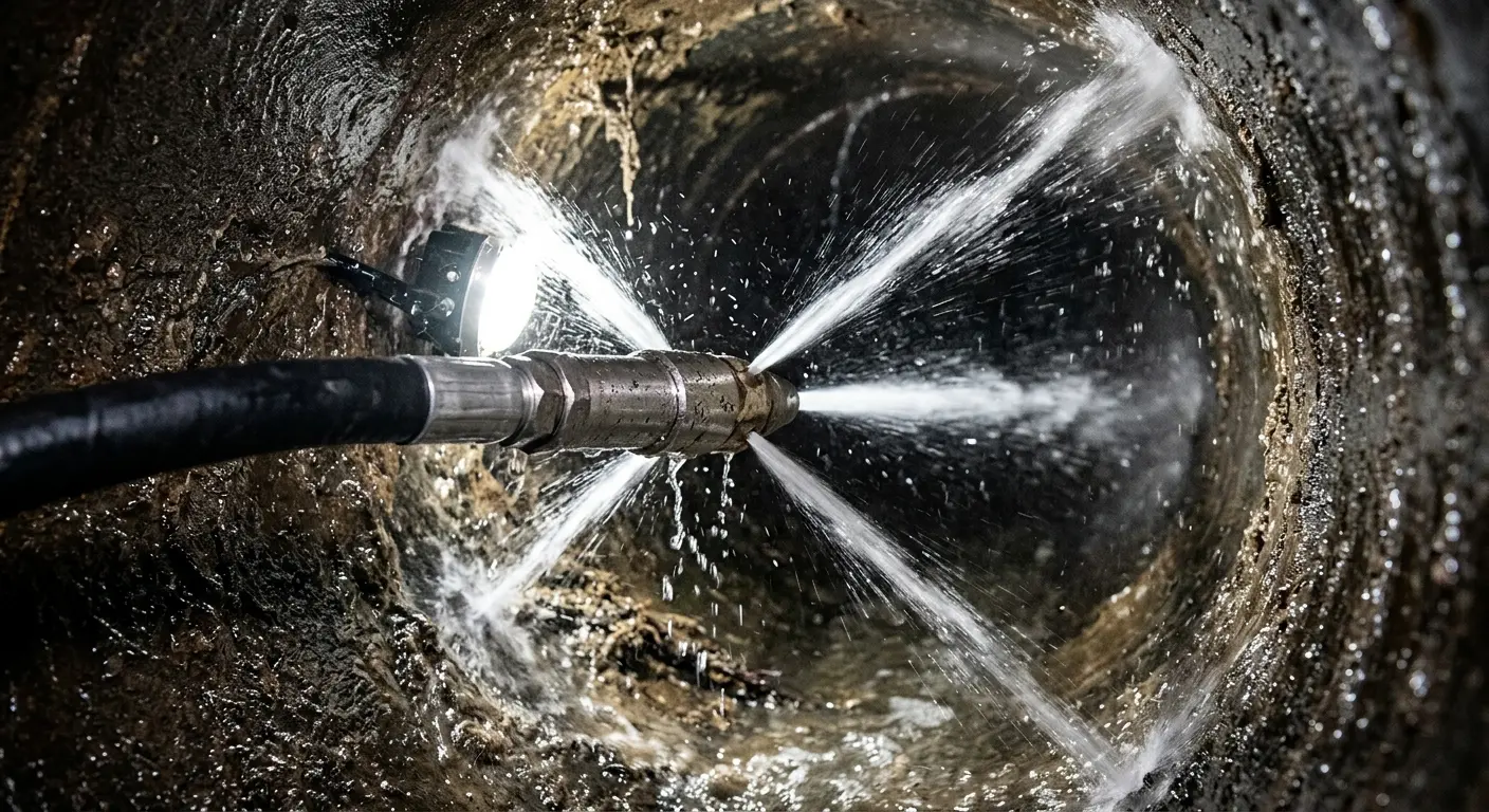 High-pressure hydro jetting nozzle cleaning sewer pipe for Emergency Drain Service in Rancho Murieta