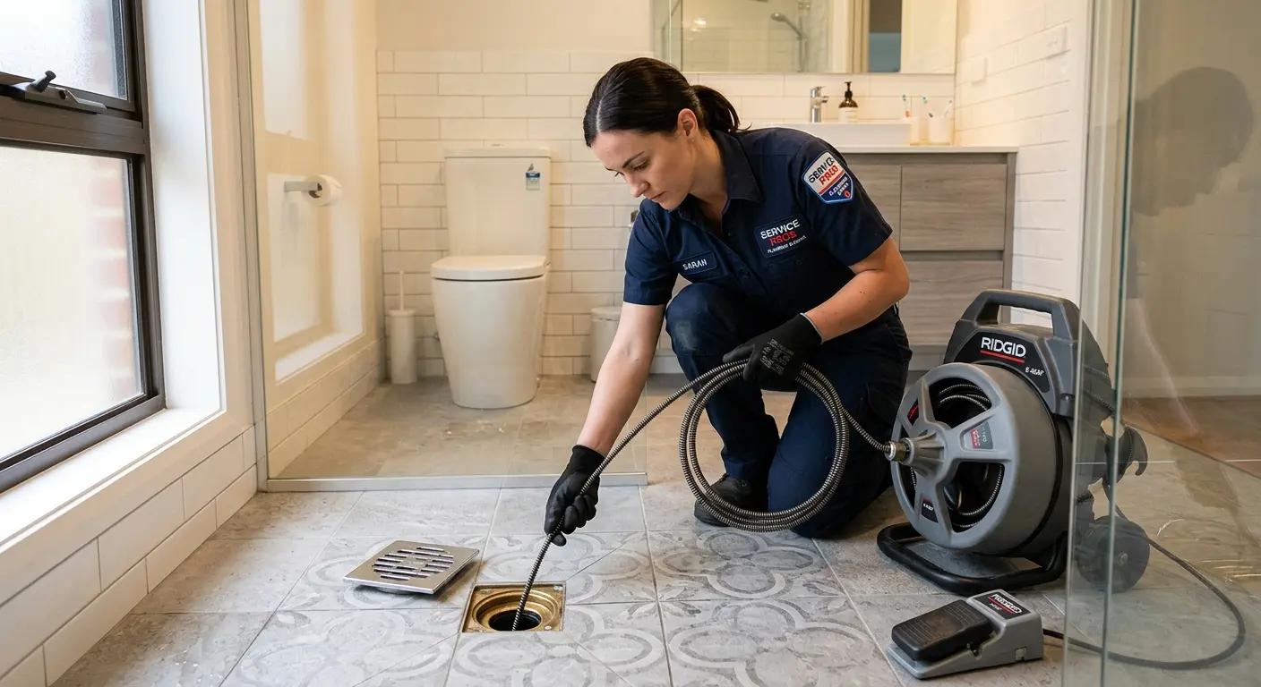 Technician clearing a bathroom floor drain for Drain Cleaning in Rancho Murieta